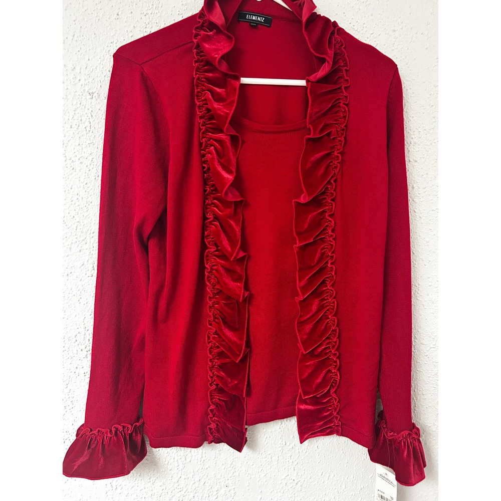 Elementz Red Velvet Ruffle Trim Open Front Cardigan Sweater MSOF0481 Medium